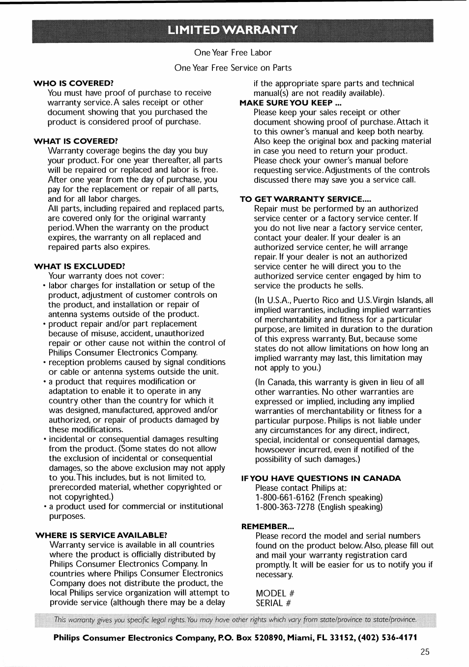 Who is covered, What is covered, What is excluded | Where is service available, Make sure you keep, To get warranty service, If you have questions in canada, Remember | Philips 30PF9946-37 User Manual | Page 28 / 90