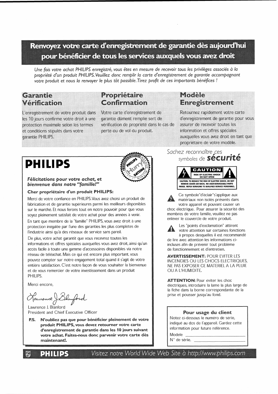 Garantie, Vérification, Propriétaire | Confirmation, Philips, Modèle, Enregistrement, Garantie vérification, Propriétaire confirmation, Modèle enregistrement | Philips 30PF9946-37 User Manual | Page 30 / 90