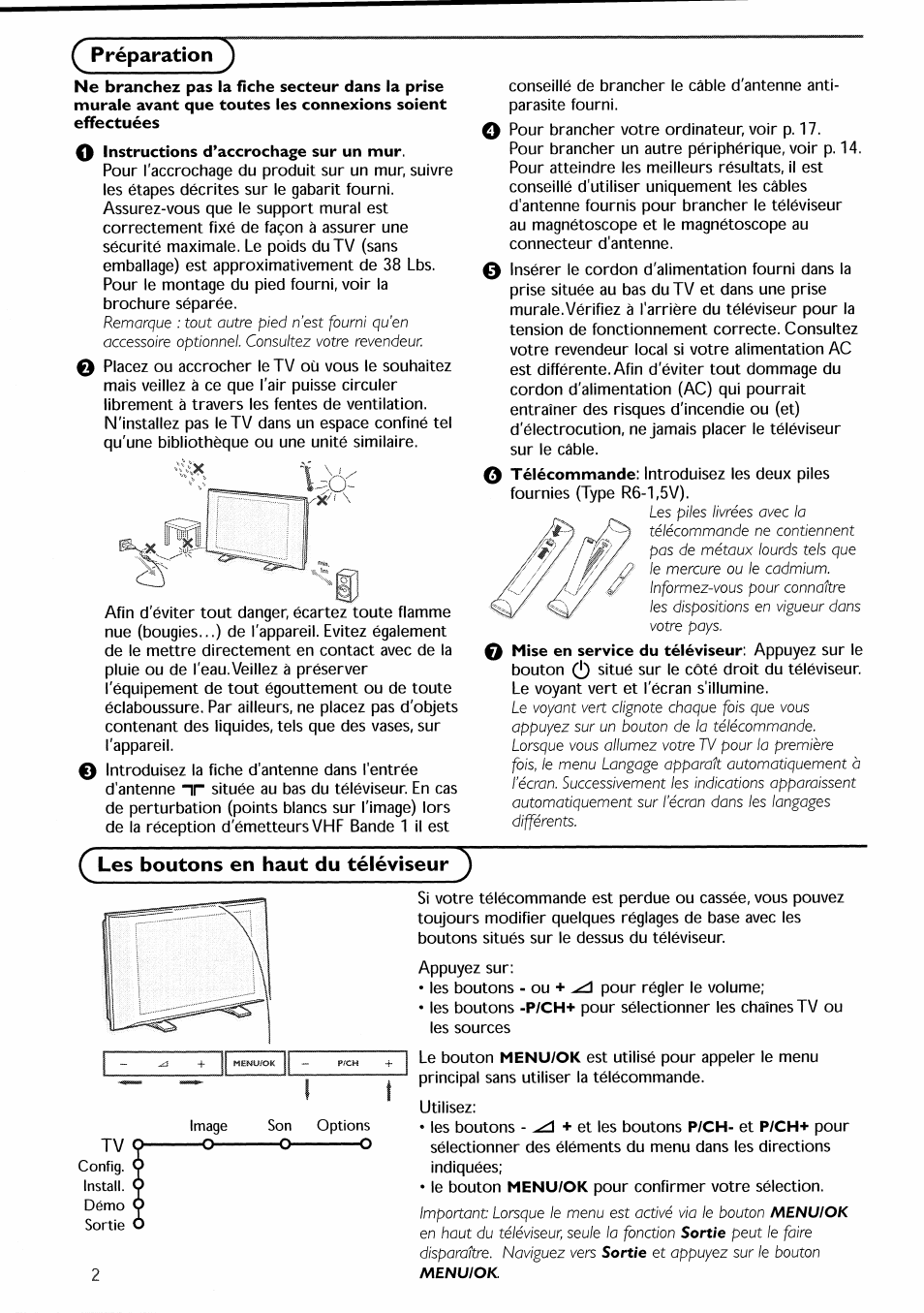 0 instructions d’accrochage sur un mur, Ç les boutons en haut du téléviseur, Les boutons en haut du téléviseur | Préparation | Philips 30PF9946-37 User Manual | Page 33 / 90