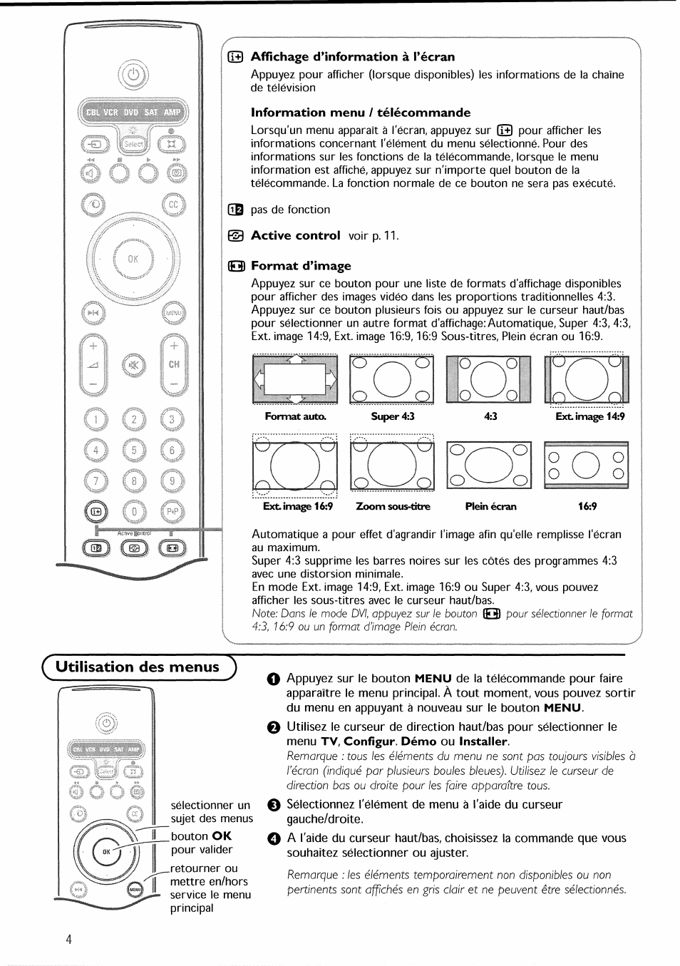 Q+l affichage d’information à l’écran, Information menu / télécommande, Œ3 format d’image | Utilisation des menus y | Philips 30PF9946-37 User Manual | Page 35 / 90