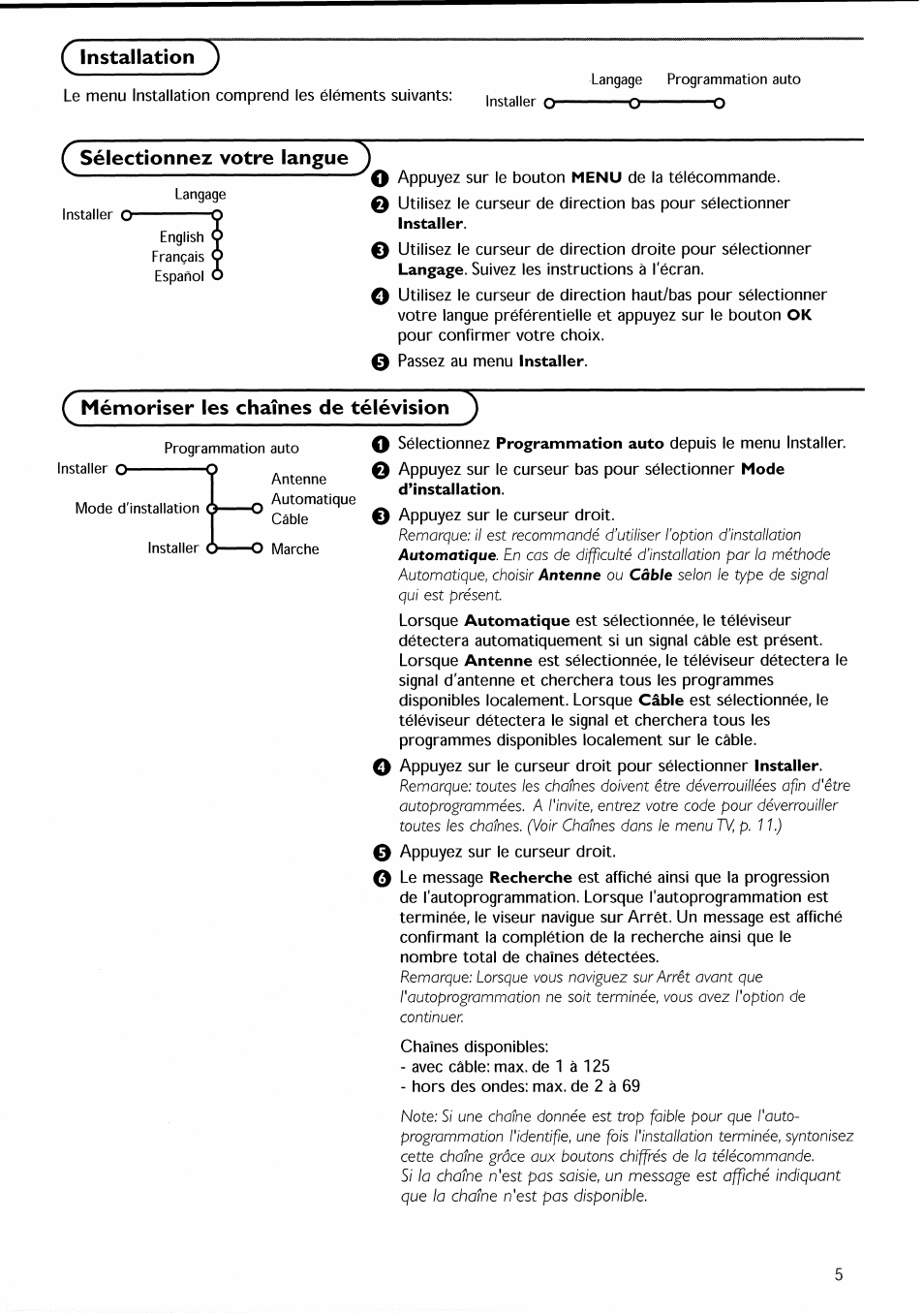 Installation, Sélectionnez votre langue, Mémoriser les chaînes de télévision | Sélectionnez votre langue de menus | Philips 30PF9946-37 User Manual | Page 36 / 90