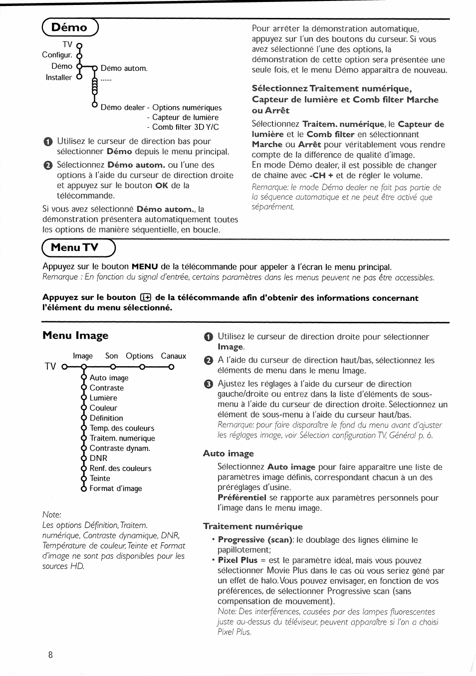 Pémo ), Menu tv ), Auto image | Traitement numérique, Menu image | Philips 30PF9946-37 User Manual | Page 39 / 90