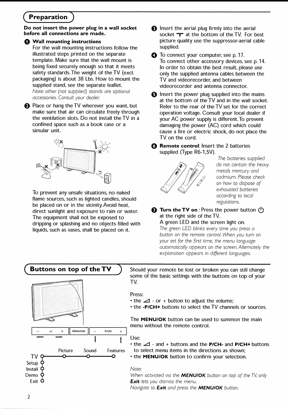 Q preparation, Buttons on top of the tv, Preparation | O-------- o | Philips 30PF9946-37 User Manual | Page 5 / 90