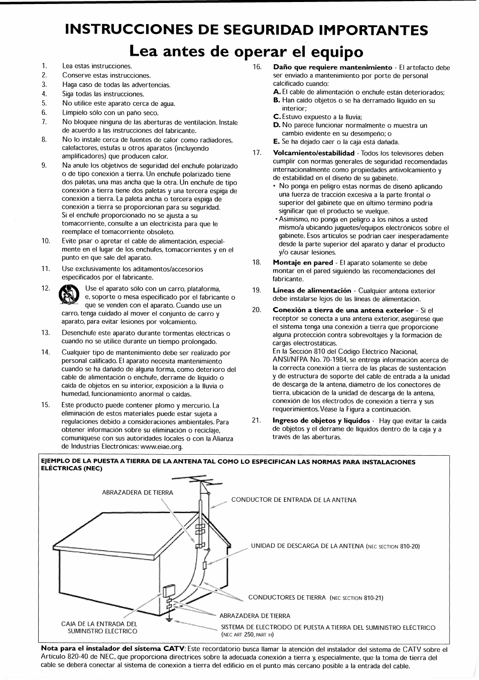 Lea antes de operar el equipo, Instrucciones de seguridad importantes | Philips 30PF9946-37 User Manual | Page 59 / 90