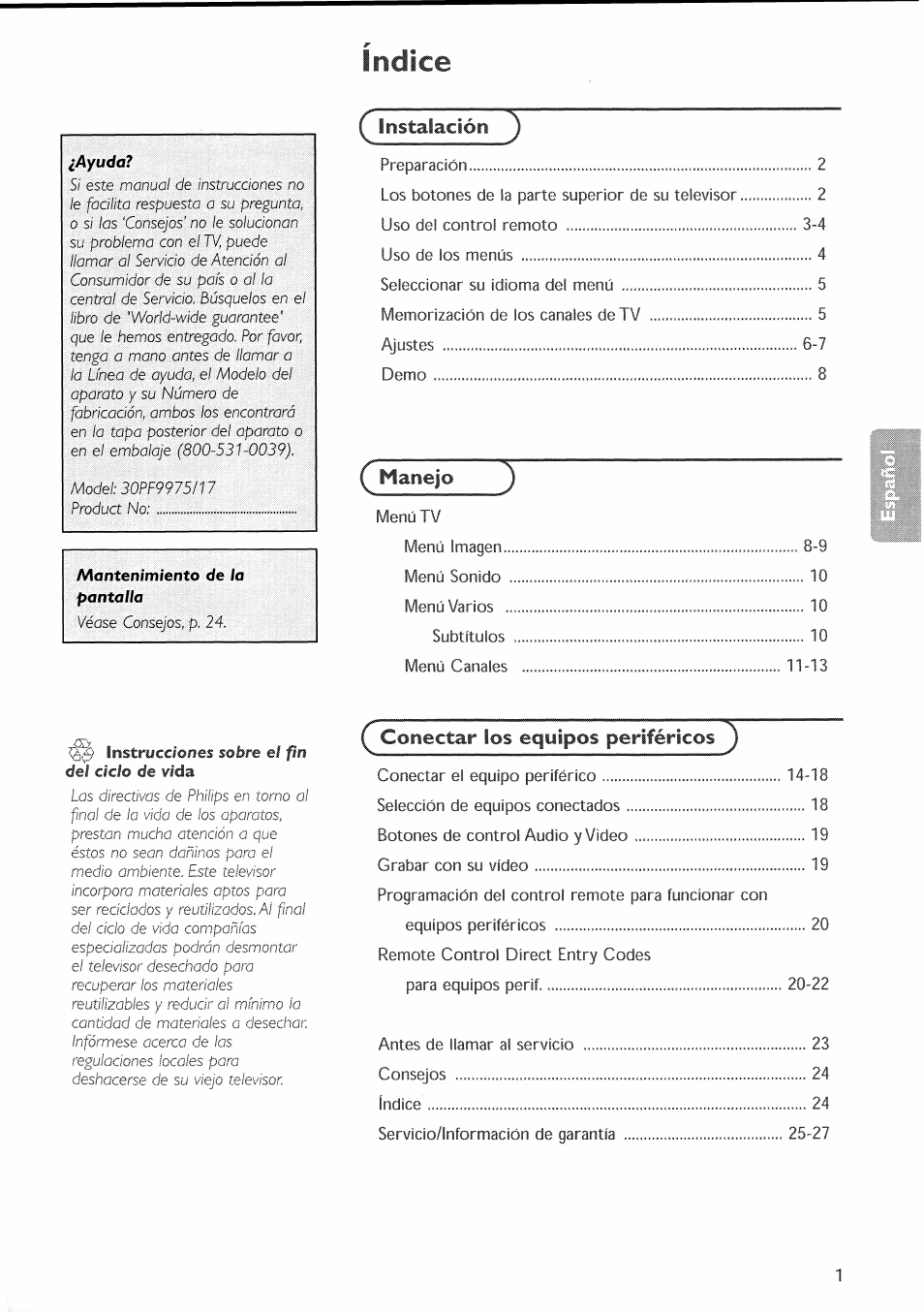 Indice, Nanejo, Coiiectar los'eqy | Instalación | Philips 30PF9946-37 User Manual | Page 60 / 90