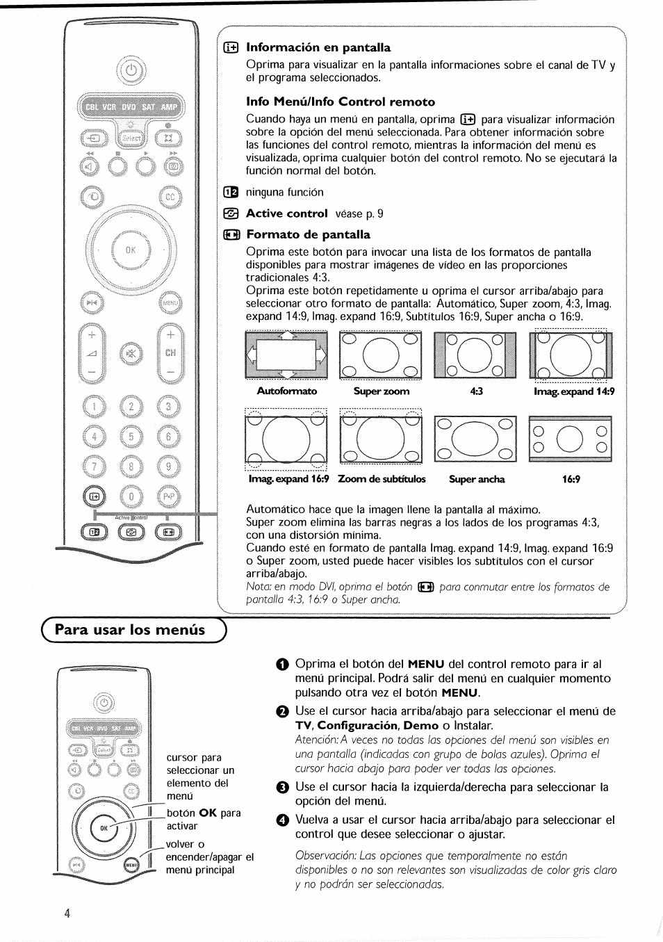 Info menú/info control remoto, Para, Usar los menús | Uso de los menús | Philips 30PF9946-37 User Manual | Page 63 / 90