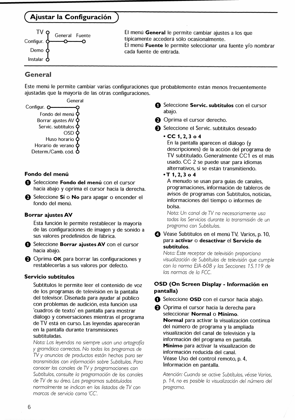 Ç ajustar la configuración, Fondo del menú, Borrar ajustes av | Servicio subtítulos, Osd (on screen display - información en pantalla), Ajustar la configuración, General | Philips 30PF9946-37 User Manual | Page 65 / 90