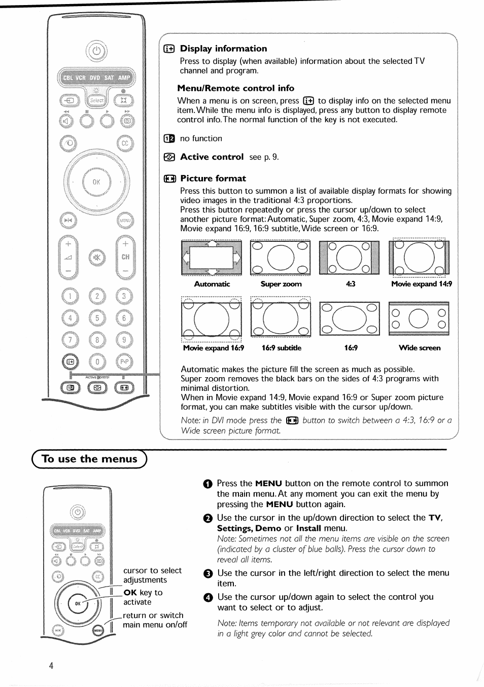 Fi+1 display information, Menu/remote control info, 83 picture format | Q to use the menus, To use the menus | Philips 30PF9946-37 User Manual | Page 7 / 90