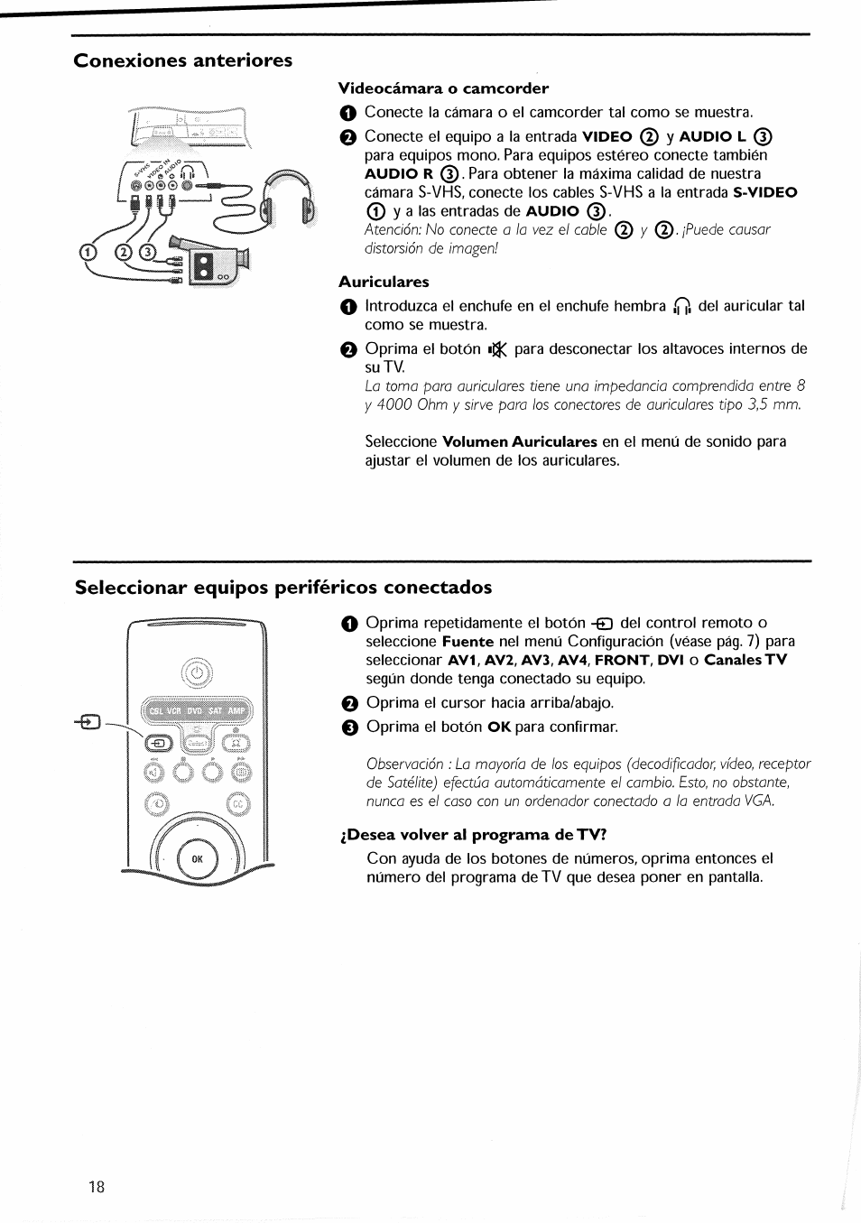 Conexiones anteriores, Videocámara o camcorder, Auriculares | Seleccionar equipos periféricos conectados, Desea volver al programa de tv | Philips 30PF9946-37 User Manual | Page 77 / 90