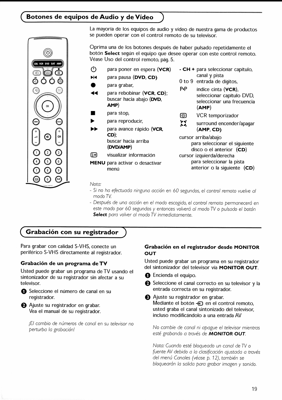 Botones de equipos de audio y de video, Q grabación con su registrador, Grabación de un programa de tv | Grabación en el registrador desde monitor out, Grabación con su registrador | Philips 30PF9946-37 User Manual | Page 78 / 90