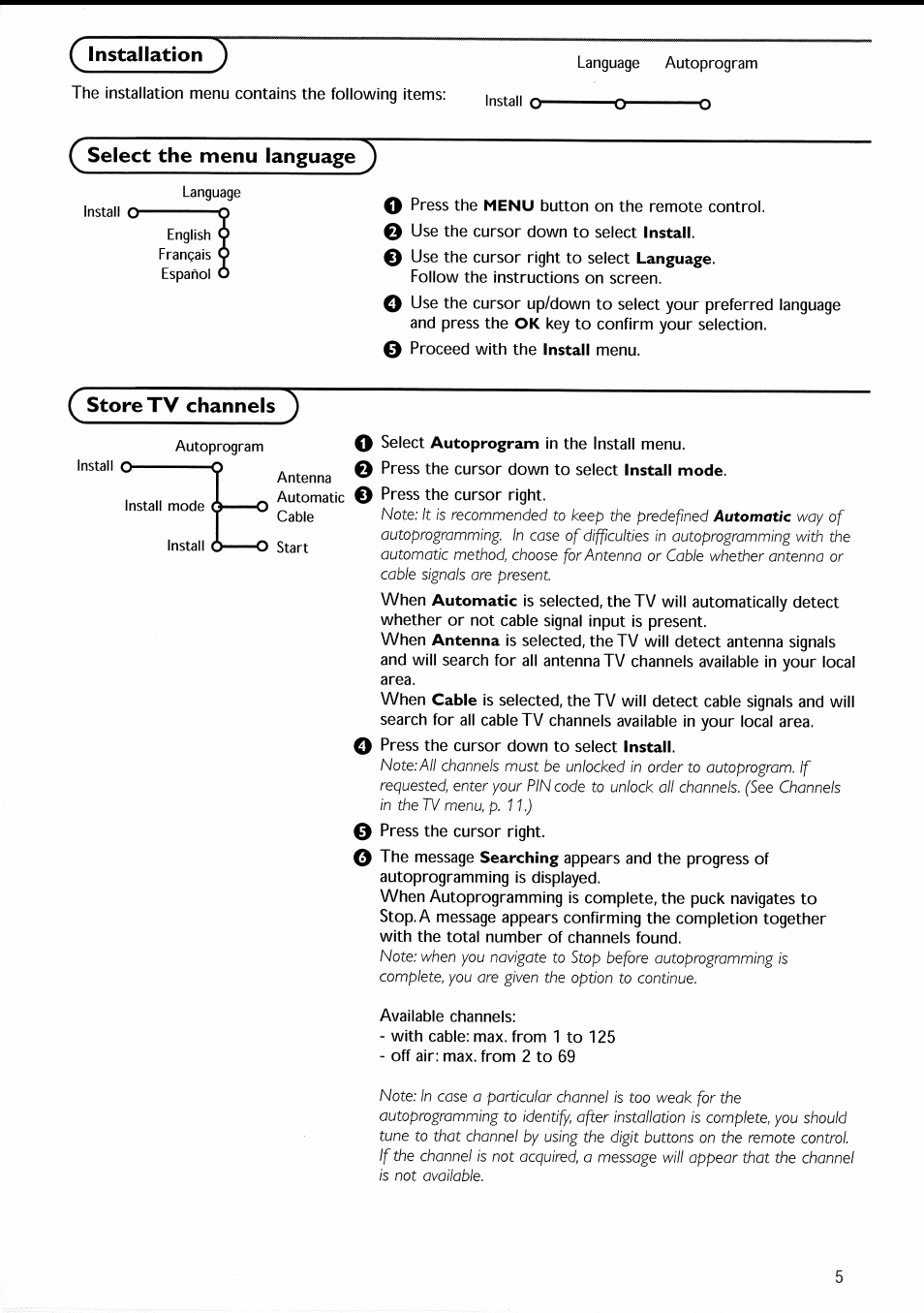 Select the menu language, Ç store tv channels, Store tv channels | Installation | Philips 30PF9946-37 User Manual | Page 8 / 90