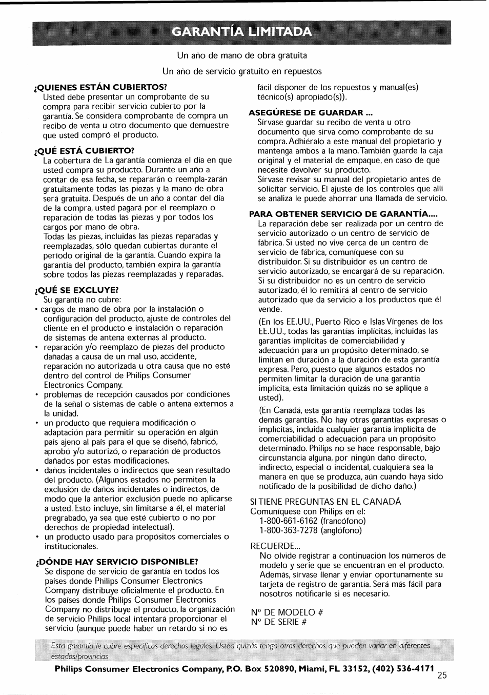 Quienes están cubiertos, Qué está cubierto, Qué se excluye | Dónde hay servicio disponible, Asegúrese de guardar, Para obtener servicio de garantía, Garantia limitad | Philips 30PF9946-37 User Manual | Page 84 / 90