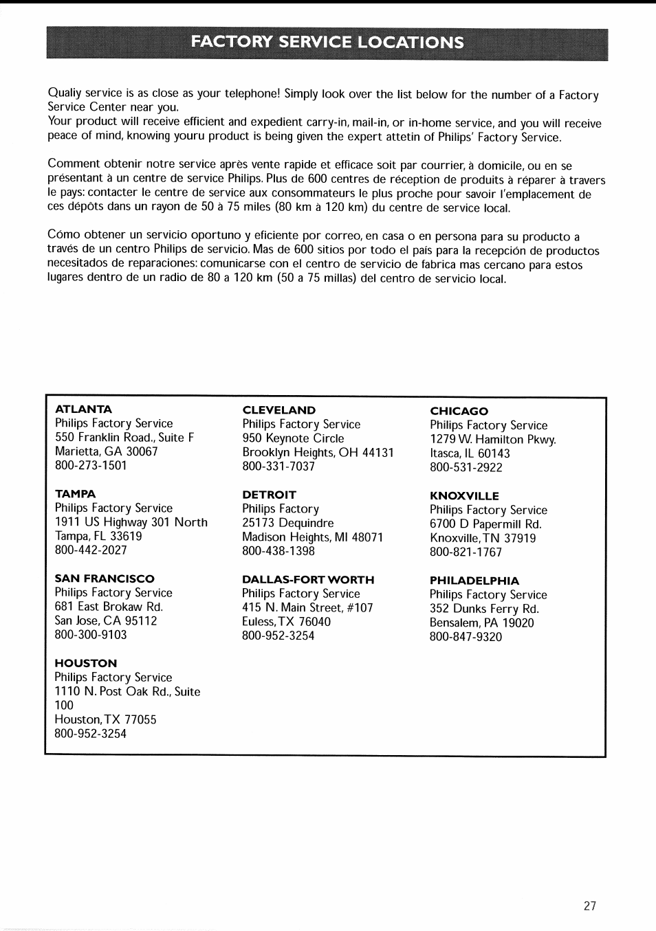 Factory service locations | Philips 30PF9946-37 User Manual | Page 86 / 90