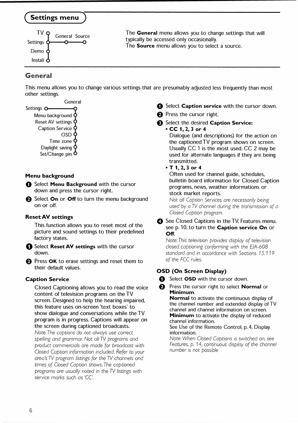 Settings menuj, General | Philips 30PF9946-37 User Manual | Page 9 / 90