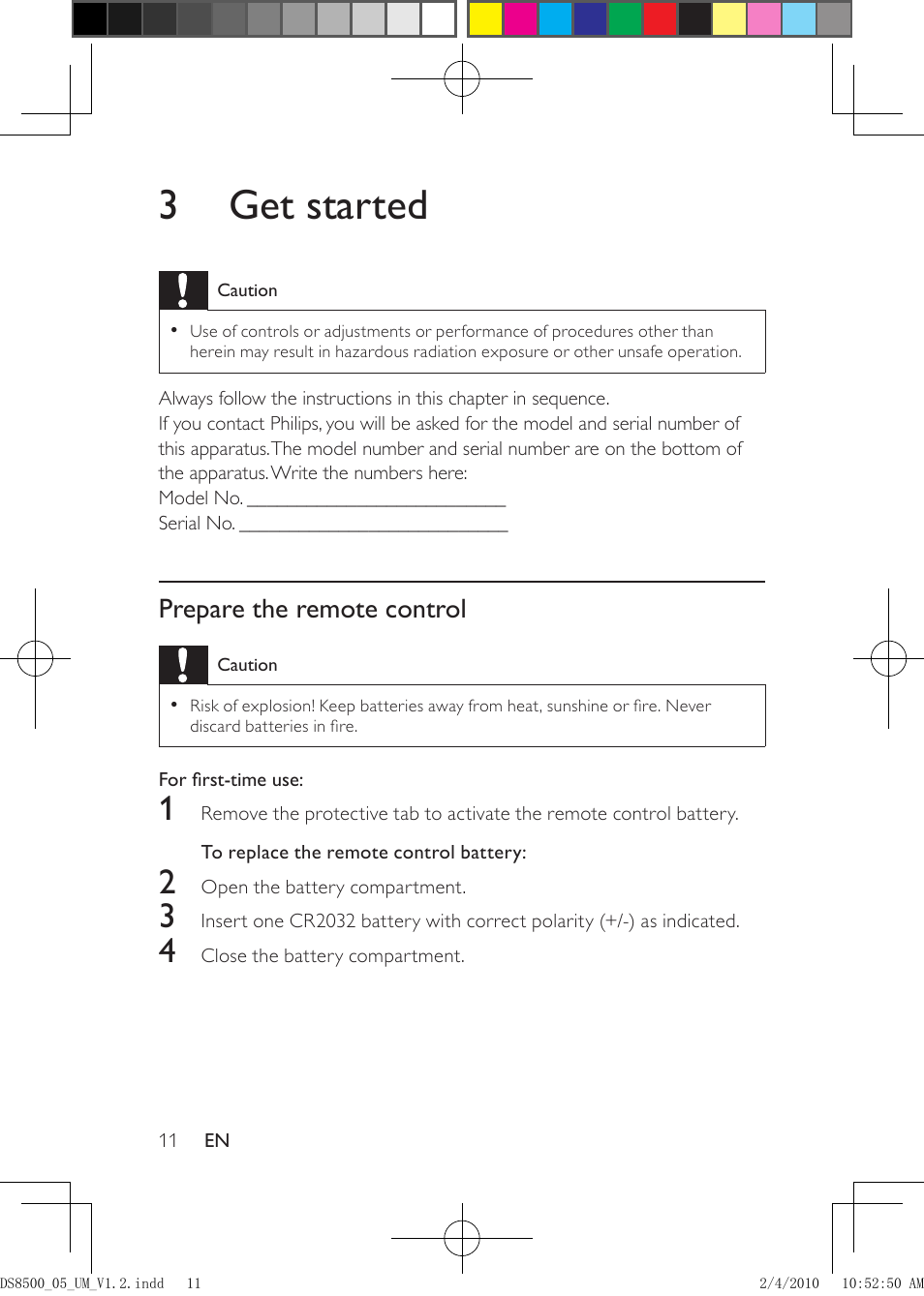 3 get started, Prepare the remote control | Philips DS8500-05 User Manual | Page 11 / 20