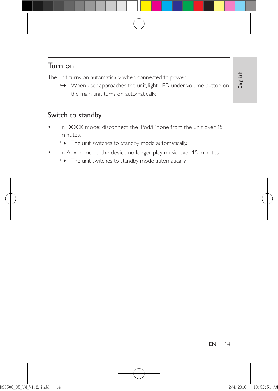 Turn on, Switch to standby | Philips DS8500-05 User Manual | Page 14 / 20