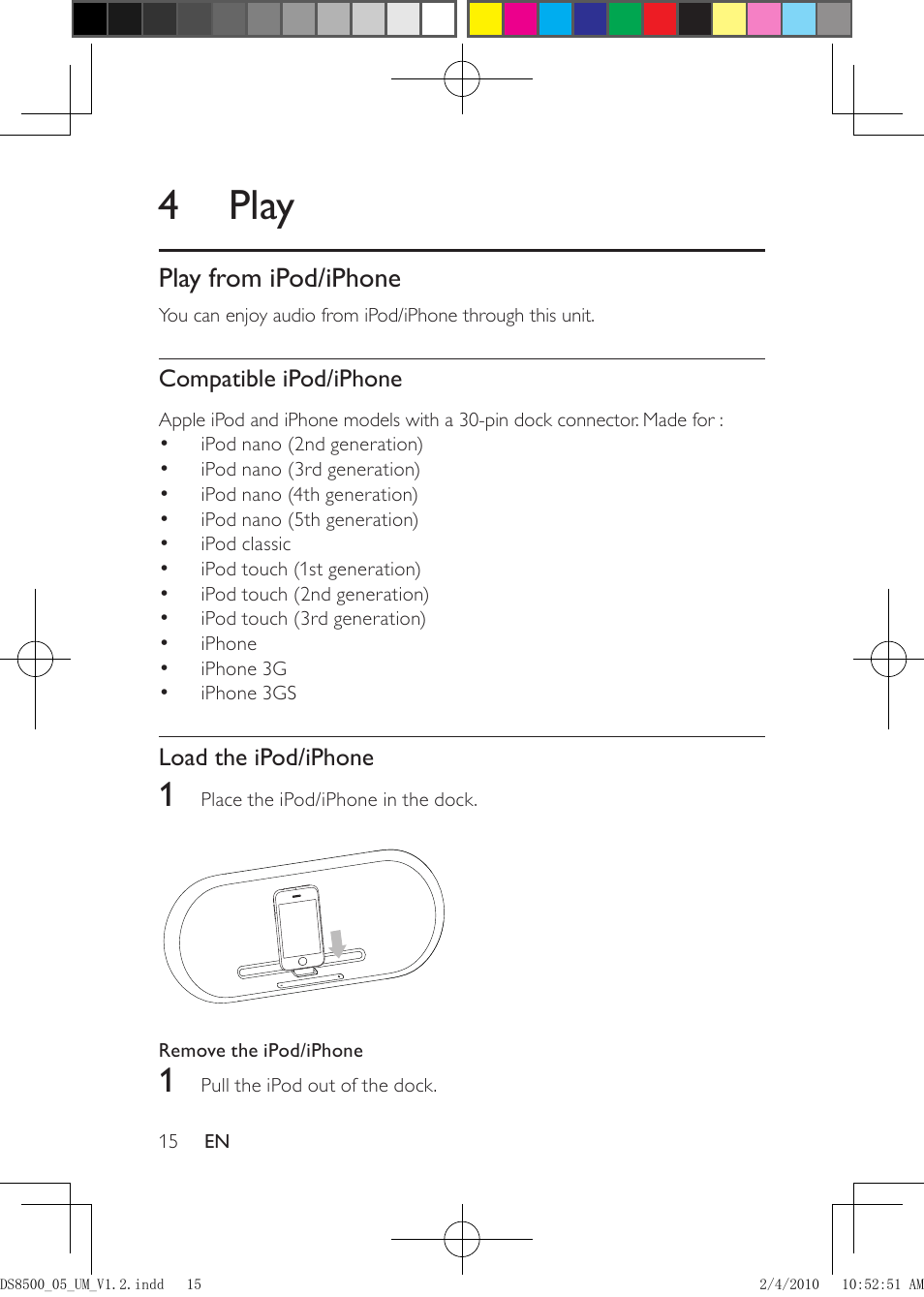 4 play, Mav-ds8500-play from ipod/iphone, Compatible ipod/iphone | Load the ipod/iphone, Listen to the ipod/iphone, Play from ipod/iphone | Philips DS8500-05 User Manual | Page 15 / 20