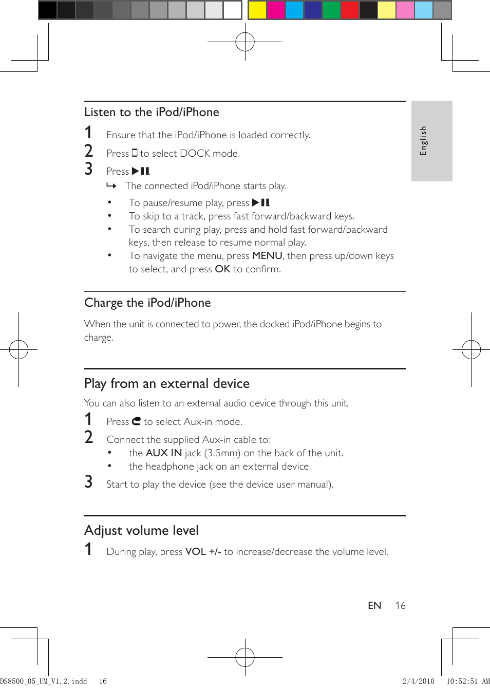 Charge the ipod/iphone, Play from an external device, Adjust volume level | Philips DS8500-05 User Manual | Page 16 / 20