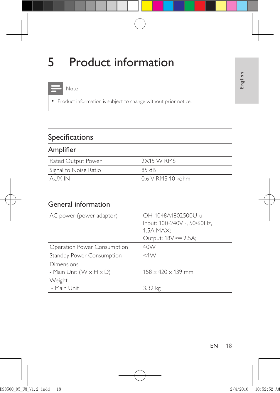 5 product information, Specifications, Mav-dc190-amplifier | General information, Amplifier | Philips DS8500-05 User Manual | Page 18 / 20