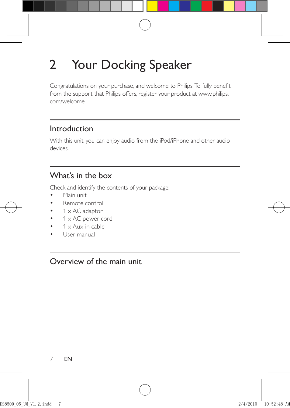 2 your docking entertainment system, Introduction, What’s in the box | Overview of the main unit, 2 your docking speaker | Philips DS8500-05 User Manual | Page 7 / 20