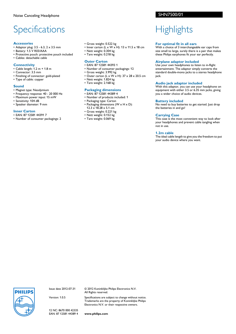 Specifications, Highlights | Philips SHN7500-01 User Manual | Page 2 / 2