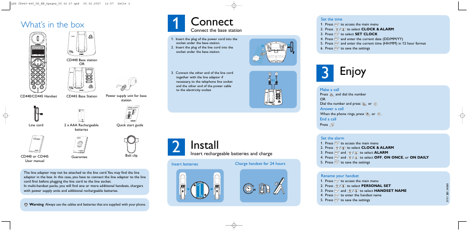 1 connect the base station, 2 install, Insert batteries | Charge handset for 24 hours, Connect, Install, Enjoy, What’s in the box | Philips CD4454Q-37 User Manual | Page 3 / 6