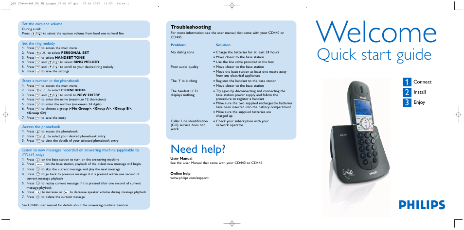 Set the earpiece volume, Set the ring melody, Store a number in the phonebook | Access the phonebook, Welcome, Quick start guide, Philips, Need help, Troubleshooting, Install enjoy | Philips CD4454Q-37 User Manual | Page 5 / 6