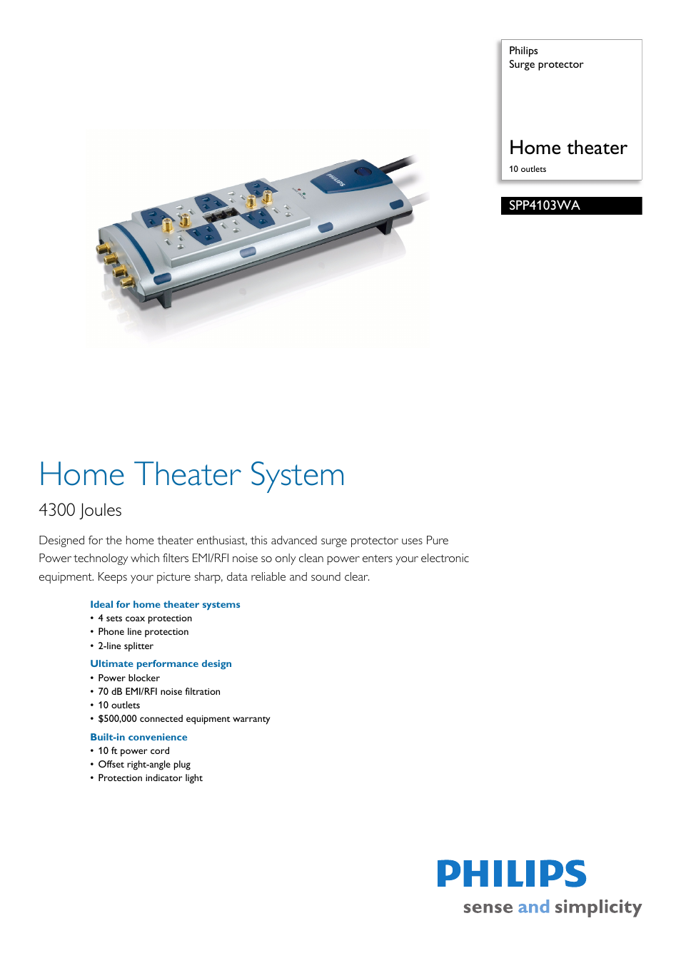 Philips Surge protector SPP4103WA Home theater 10 outlets User Manual | 2 pages