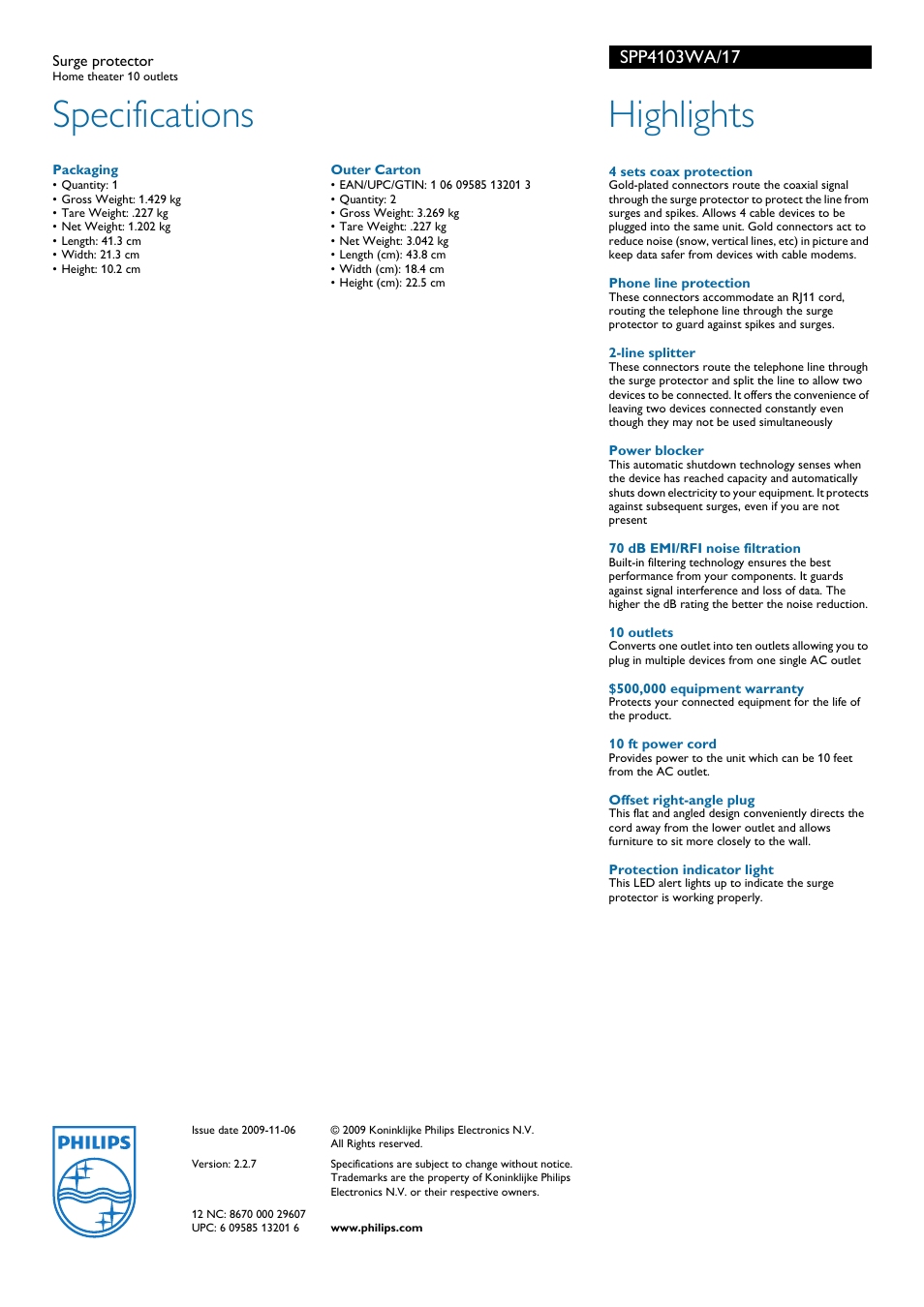 Specifications, Highlights | Philips Surge protector SPP4103WA Home theater 10 outlets User Manual | Page 2 / 2