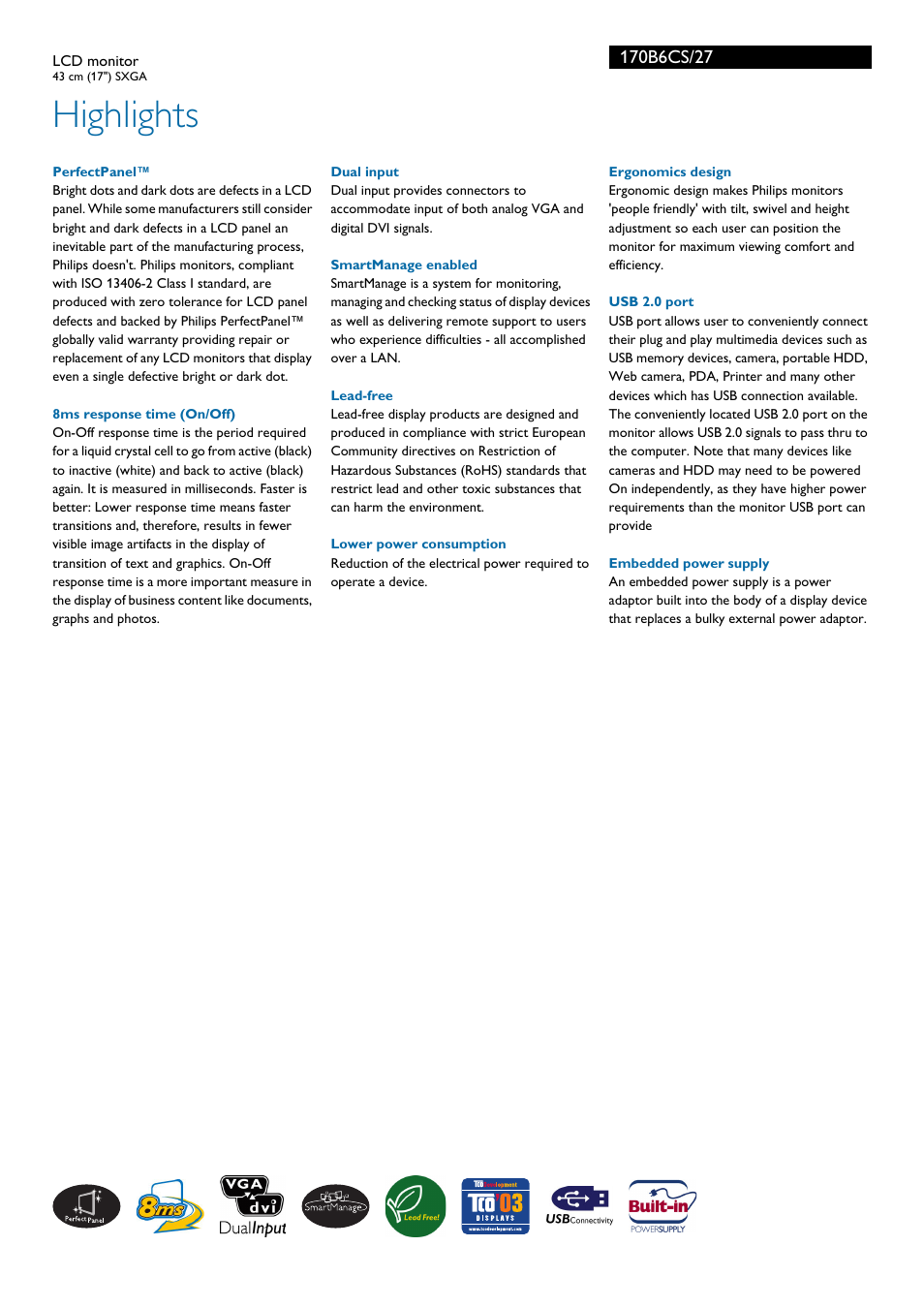 Highlights | Philips 170B6CS-27 User Manual | Page 2 / 3