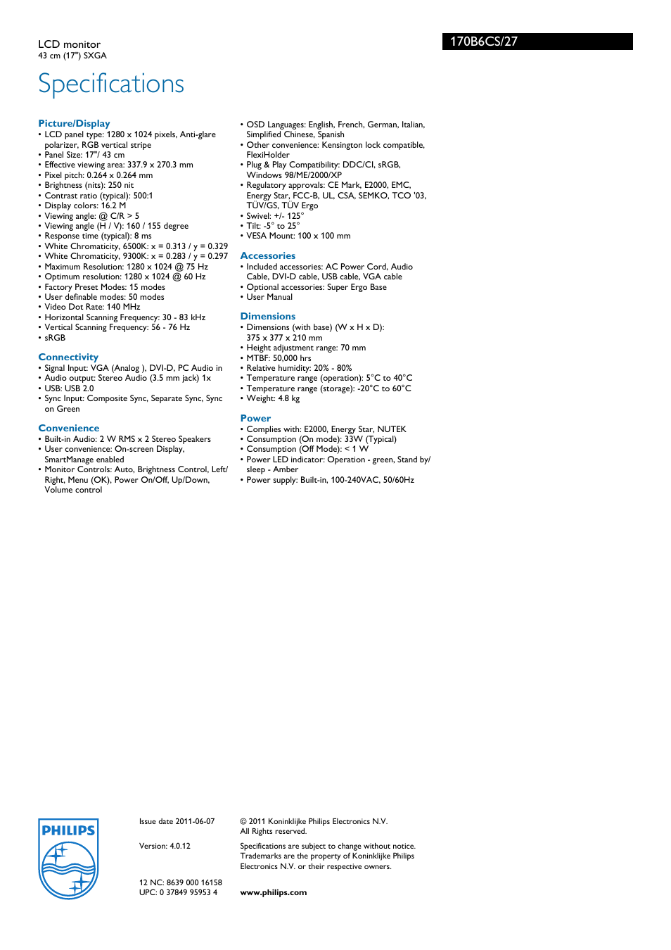 Specifications | Philips 170B6CS-27 User Manual | Page 3 / 3