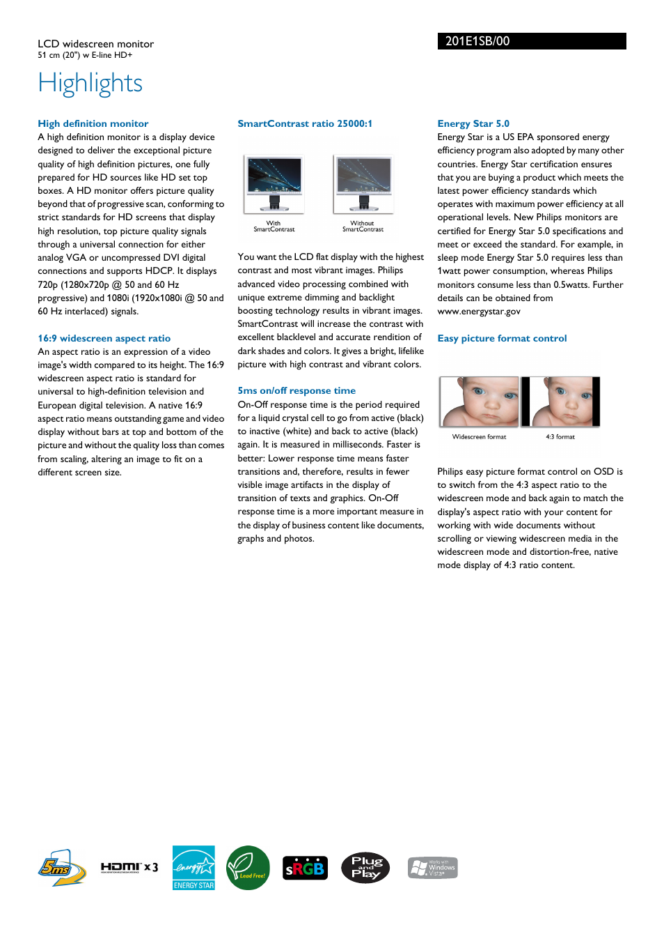 Highlights | Philips 201E1SB-00 User Manual | Page 2 / 3