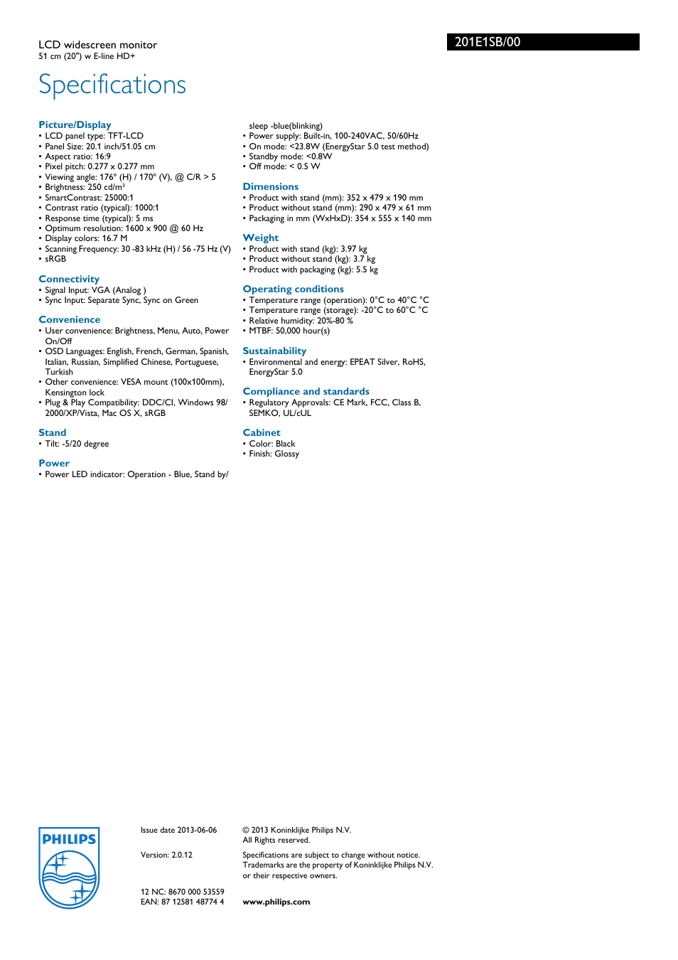 Specifications | Philips 201E1SB-00 User Manual | Page 3 / 3