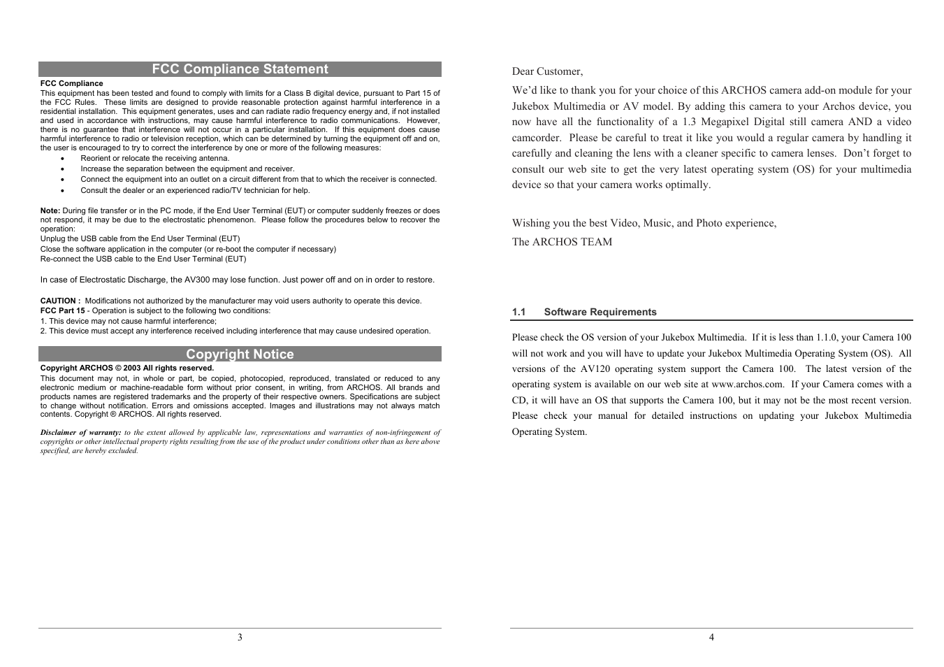 Fcc compliance statement, Copyright notice | ARCHOS JBM 10 User Manual | Page 2 / 6