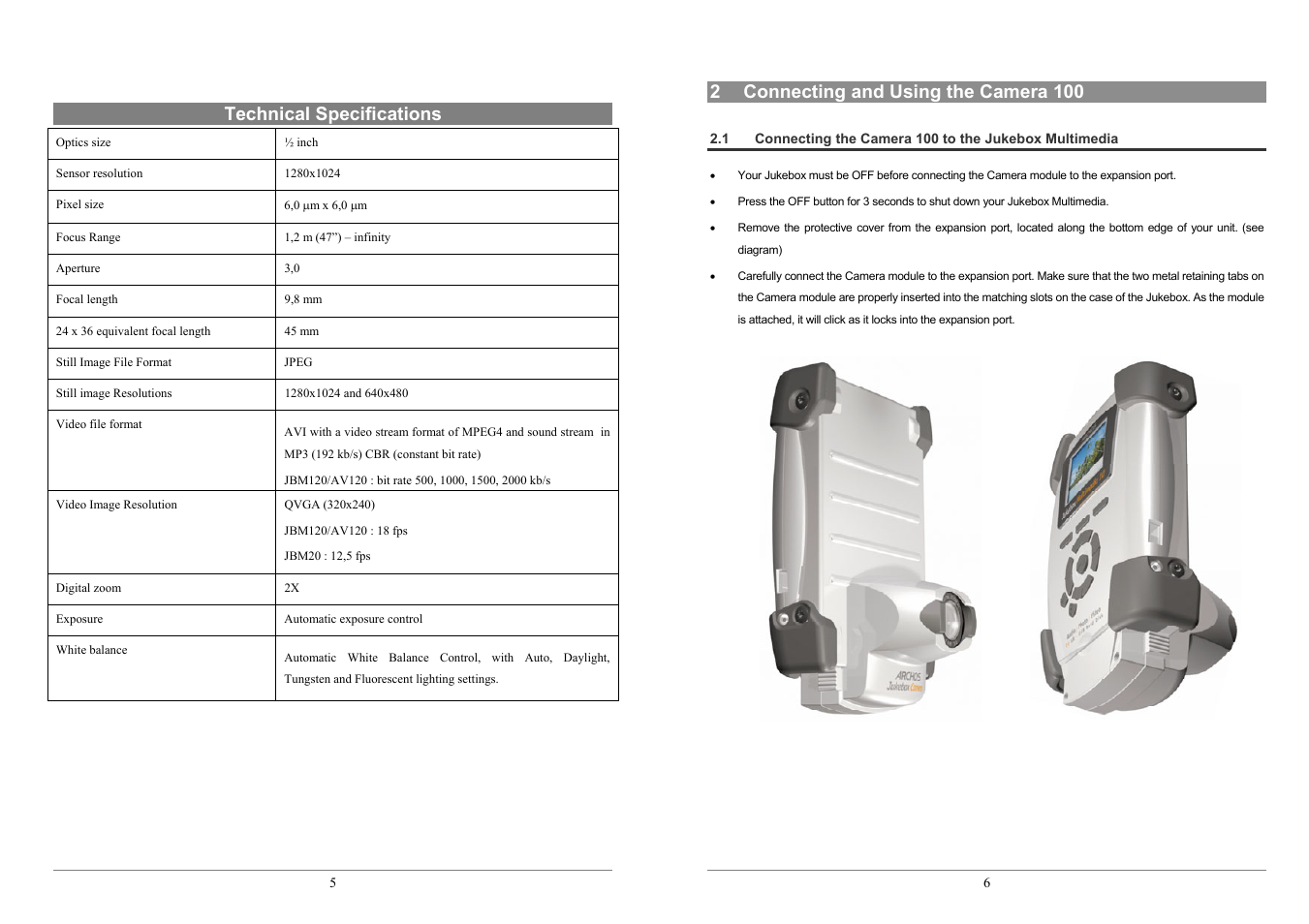 Technical specifications, 2 connecting and using the camera 100 | ARCHOS JBM 10 User Manual | Page 3 / 6