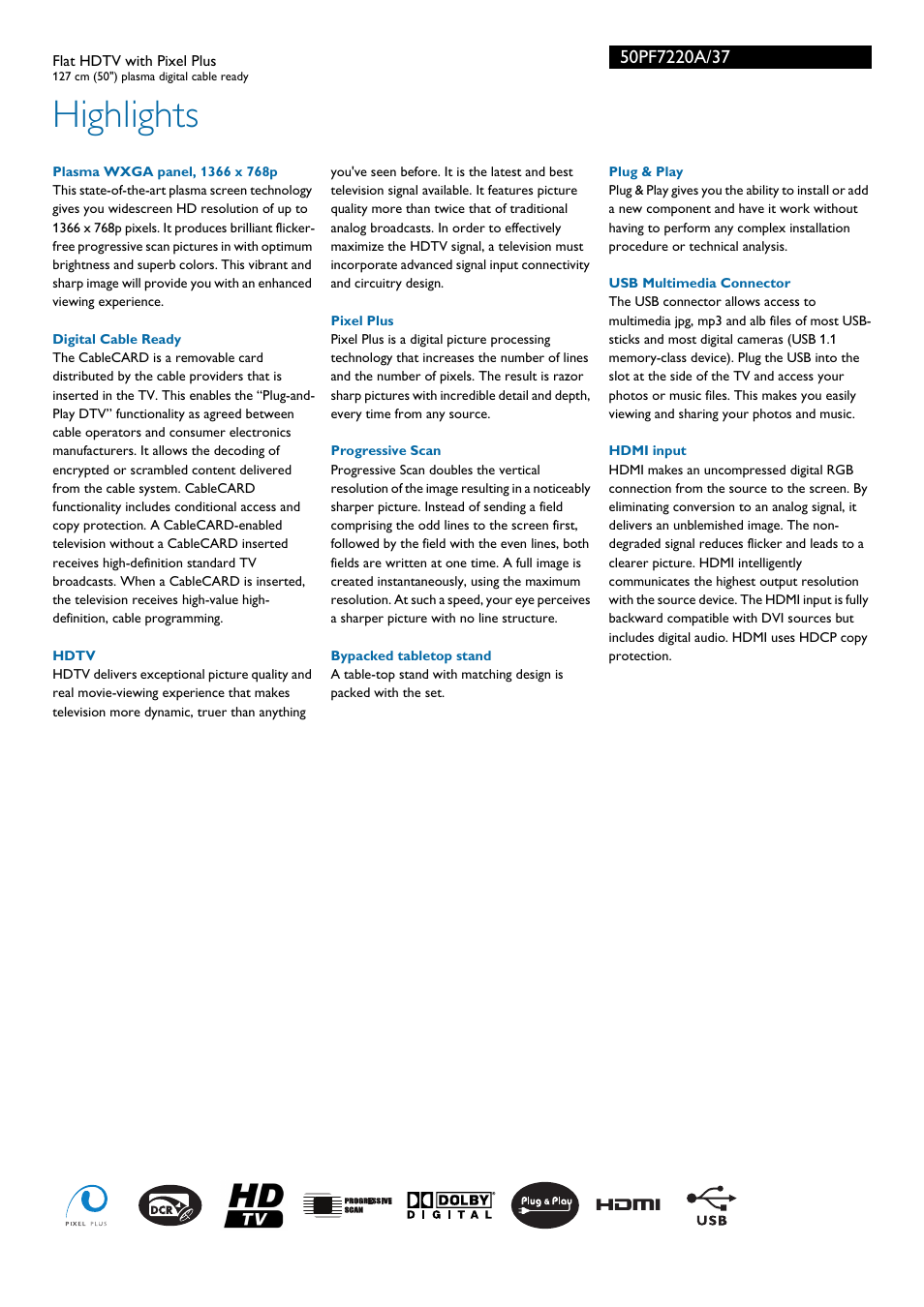 Highlights | Philips 50PF7220A-37B User Manual | Page 2 / 3