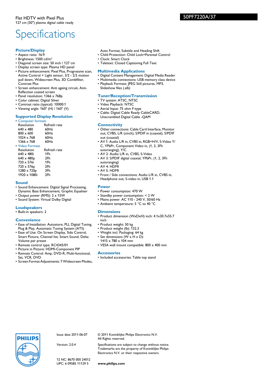 Specifications | Philips 50PF7220A-37B User Manual | Page 3 / 3