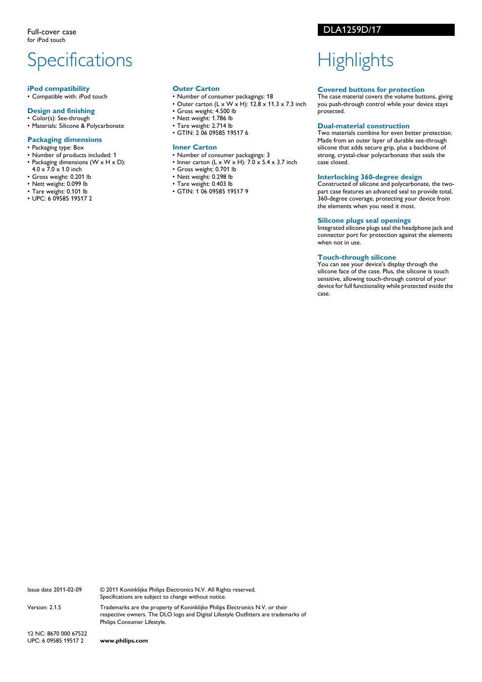 Specifications, Highlights | Philips DLA1259D-17 User Manual | Page 2 / 2