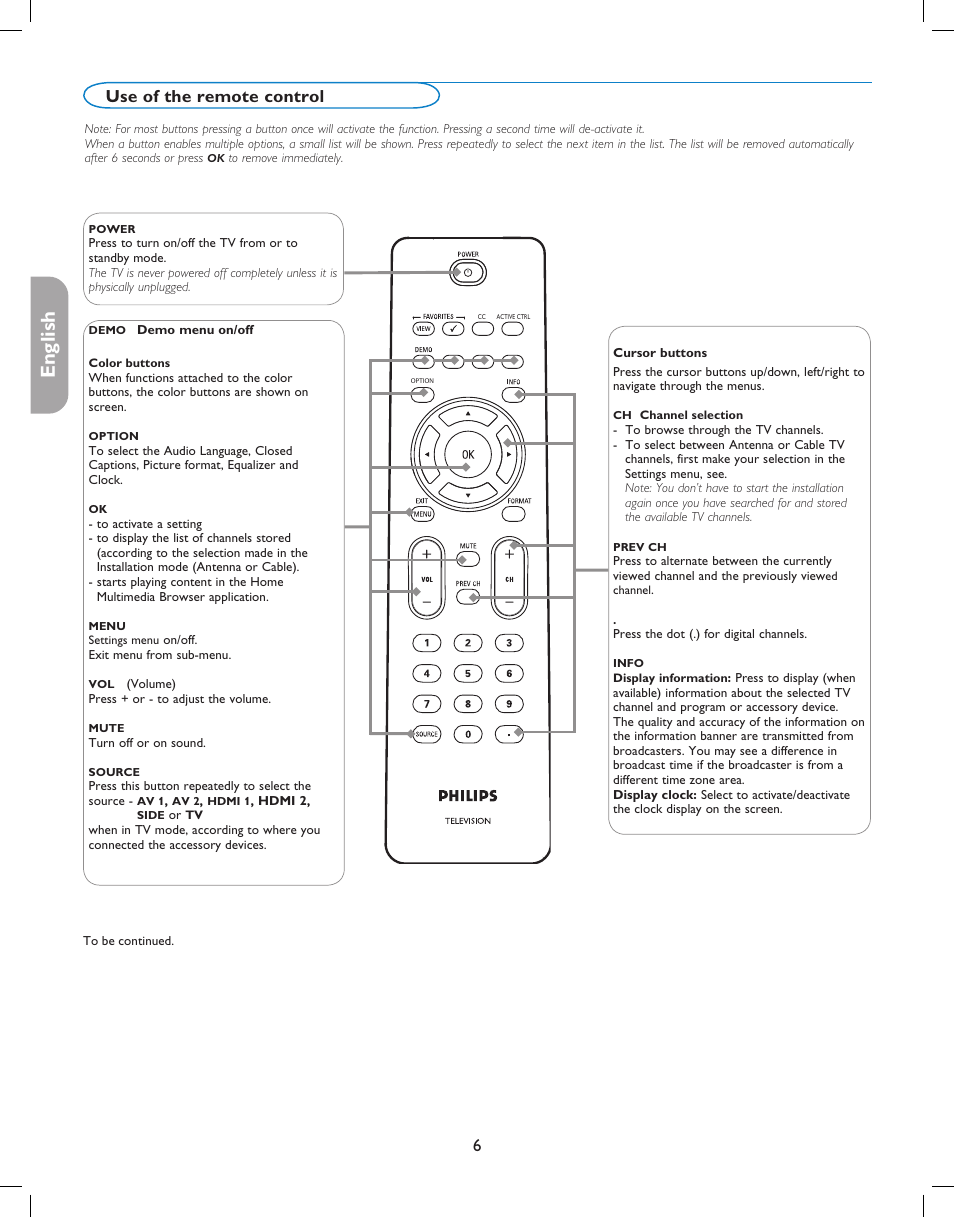 English française español, Use of the remote control | Philips digital widescreen flat TV 37PFL5332D 37" LCD integrated digital with Pixel Plus 3 HD User Manual | Page 10 / 124