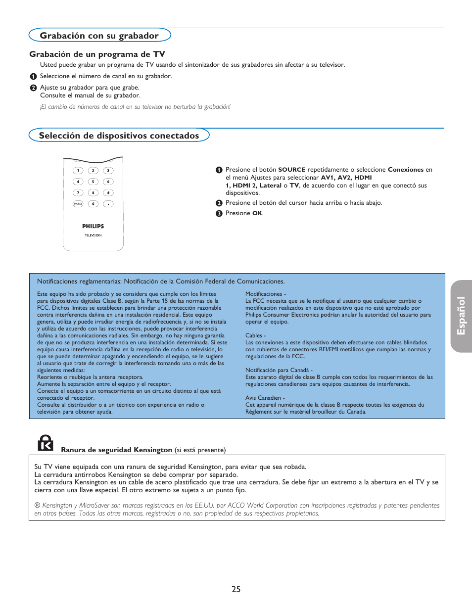 English française español, Selección de dispositivos conectados, Grabación con su grabador | Grabación de un programa de tv | Philips digital widescreen flat TV 37PFL5332D 37" LCD integrated digital with Pixel Plus 3 HD User Manual | Page 109 / 124