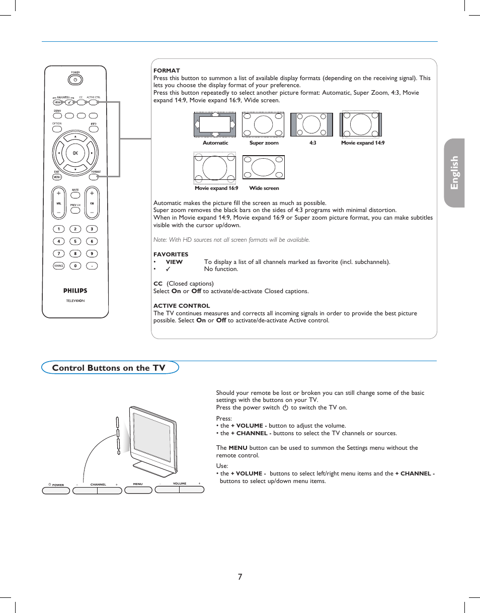 English française español, Control buttons on the tv | Philips digital widescreen flat TV 37PFL5332D 37" LCD integrated digital with Pixel Plus 3 HD User Manual | Page 11 / 124