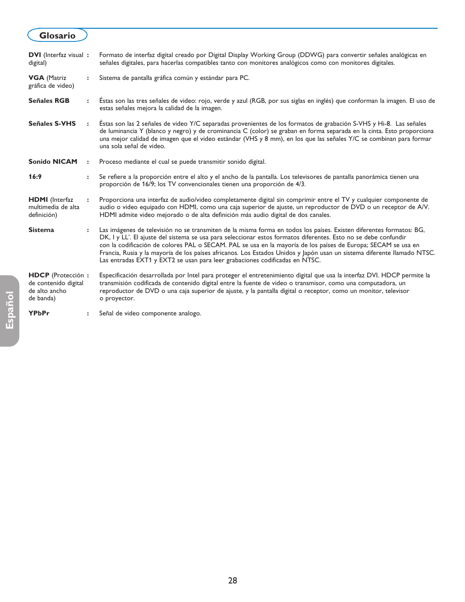 English française español, 28 glosario | Philips digital widescreen flat TV 37PFL5332D 37" LCD integrated digital with Pixel Plus 3 HD User Manual | Page 112 / 124