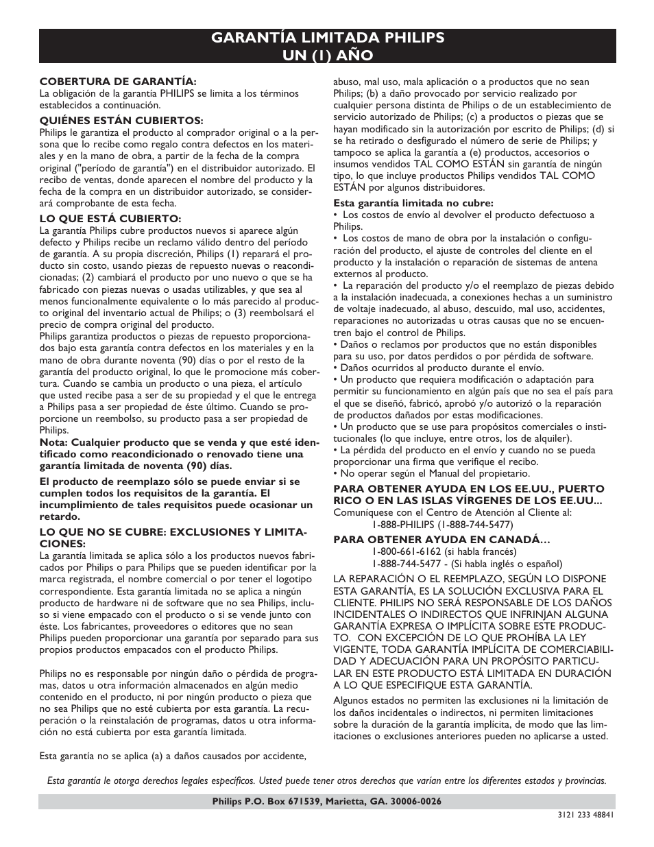 Garantía limitada philips un (1) año | Philips digital widescreen flat TV 37PFL5332D 37" LCD integrated digital with Pixel Plus 3 HD User Manual | Page 120 / 124