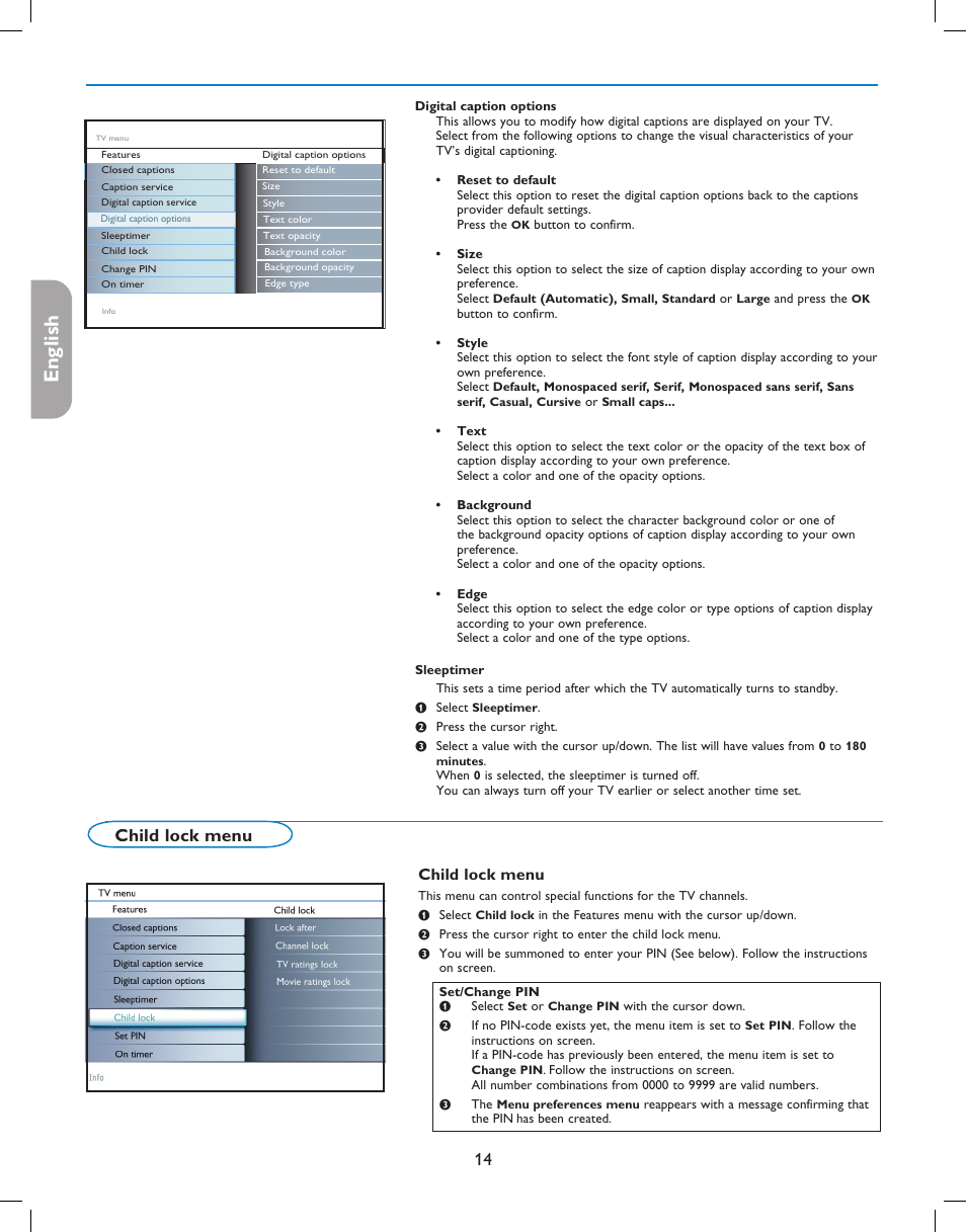 English française español, Child lock menu | Philips digital widescreen flat TV 37PFL5332D 37" LCD integrated digital with Pixel Plus 3 HD User Manual | Page 18 / 124