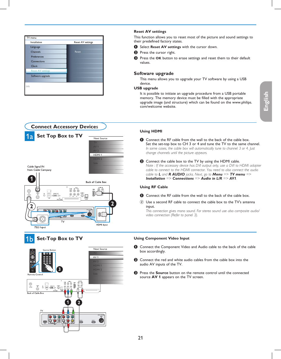 English française español, Connect accessory device s, Set top box to tv | Set-top box to tv, Software upgrade | Philips digital widescreen flat TV 37PFL5332D 37" LCD integrated digital with Pixel Plus 3 HD User Manual | Page 25 / 124