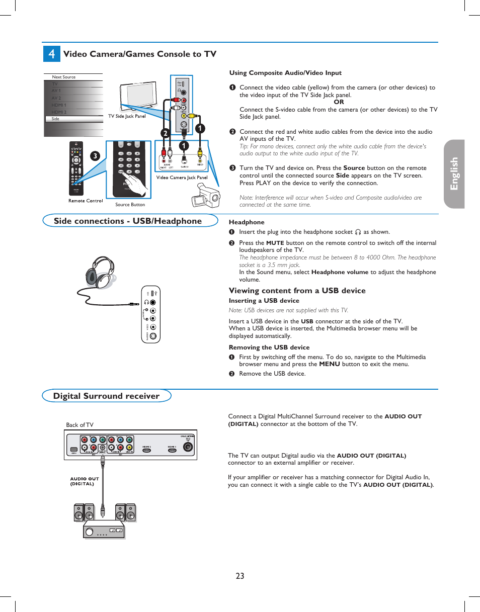 English française español, Video camera/games console to tv, Side connections - usb/headphone | Digital surround receiver, Viewing content from a usb device | Philips digital widescreen flat TV 37PFL5332D 37" LCD integrated digital with Pixel Plus 3 HD User Manual | Page 27 / 124