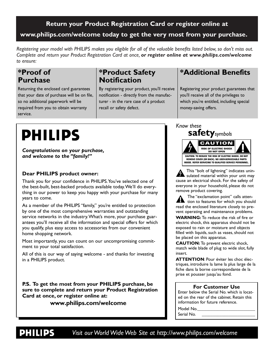 Safety, Proof of purchase, Product safety notification | Additional benefits | Philips digital widescreen flat TV 37PFL5332D 37" LCD integrated digital with Pixel Plus 3 HD User Manual | Page 3 / 124