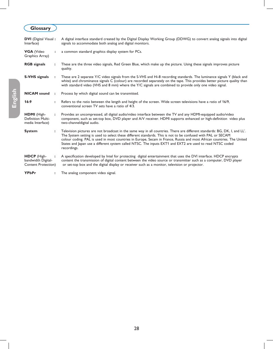 English française español, 28 glossary | Philips digital widescreen flat TV 37PFL5332D 37" LCD integrated digital with Pixel Plus 3 HD User Manual | Page 32 / 124