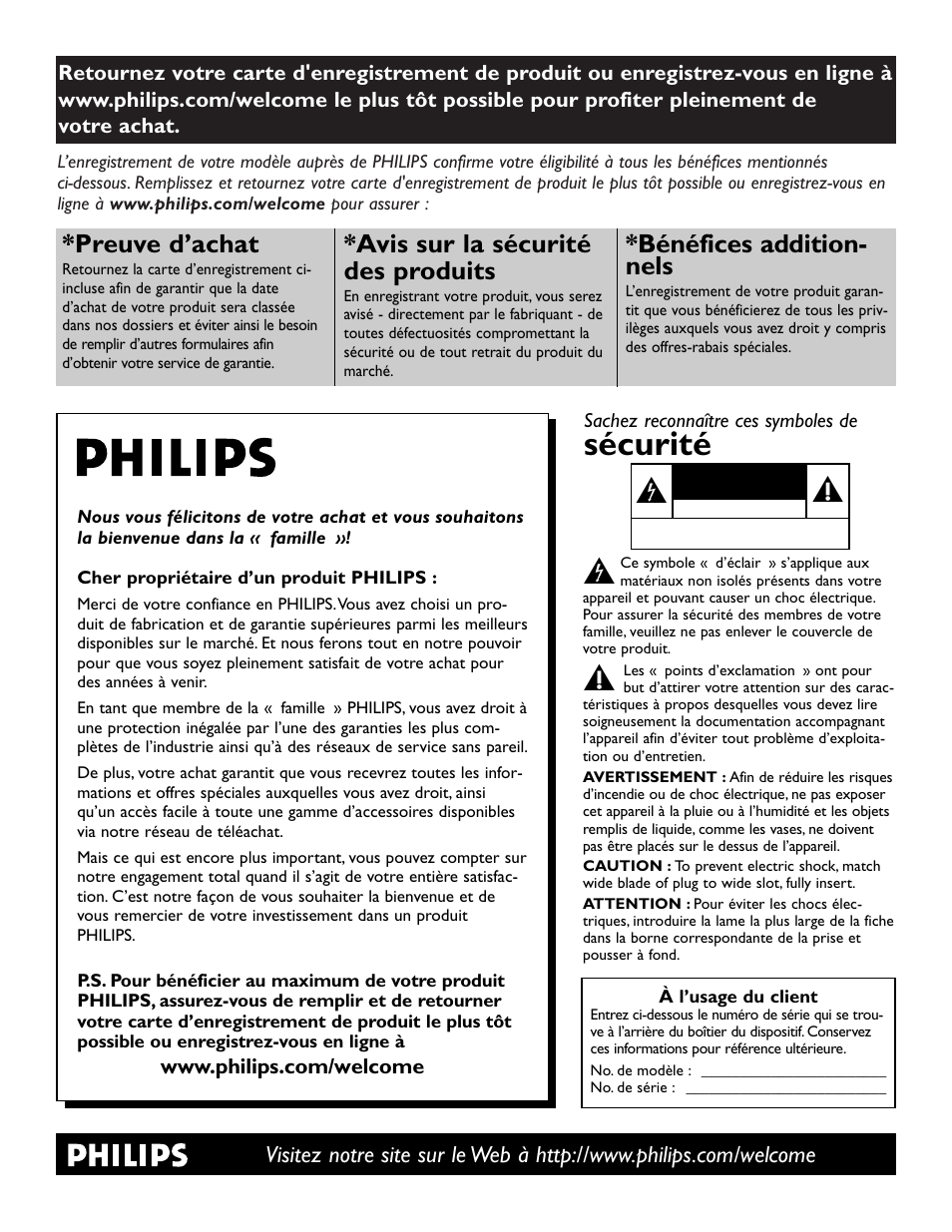 Sécurité, Preuve d’achat, Avis sur la sécurité des produits | Bénéfices addition- nels | Philips digital widescreen flat TV 37PFL5332D 37" LCD integrated digital with Pixel Plus 3 HD User Manual | Page 43 / 124