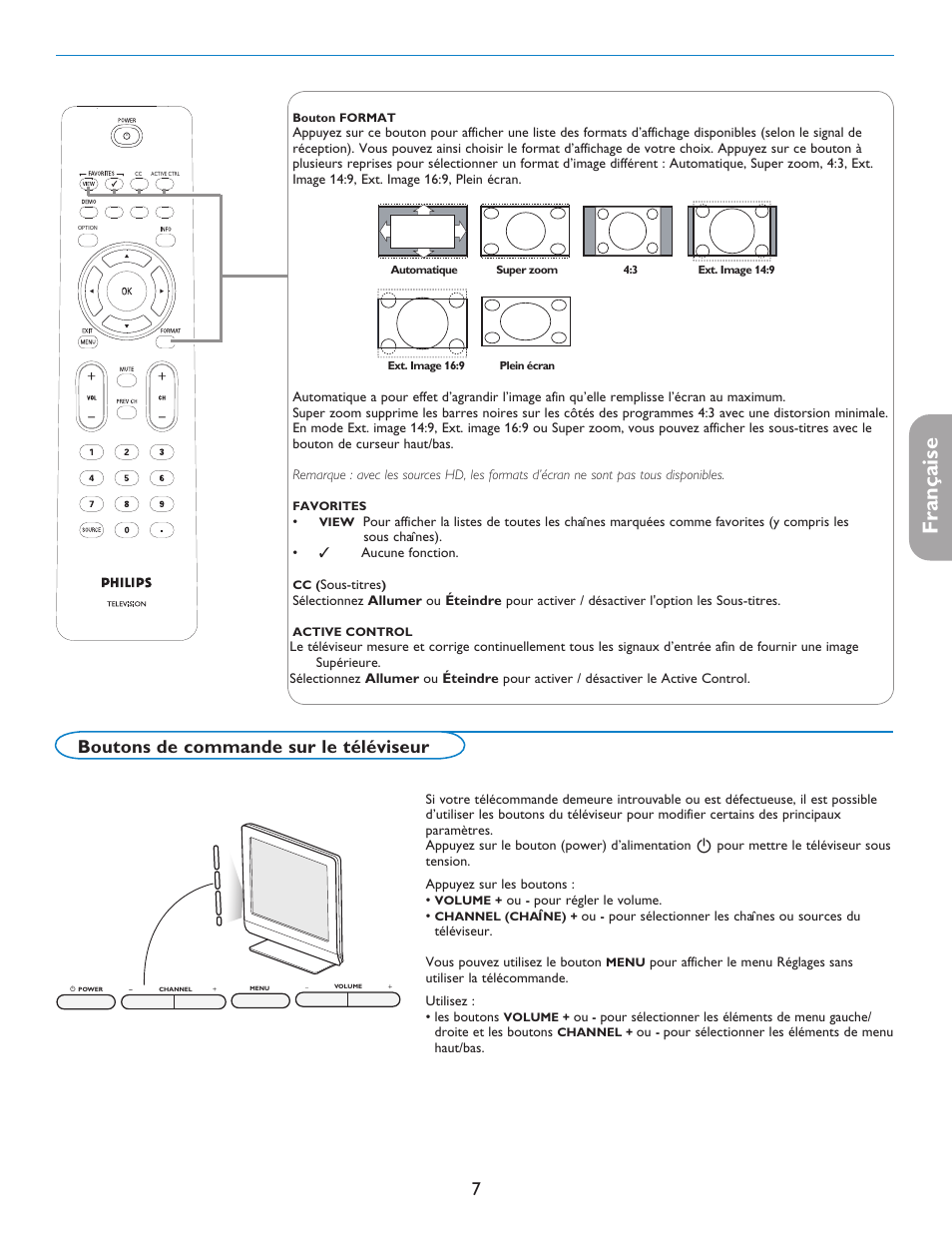 English française español, Boutons de commande sur le téléviseur | Philips digital widescreen flat TV 37PFL5332D 37" LCD integrated digital with Pixel Plus 3 HD User Manual | Page 51 / 124